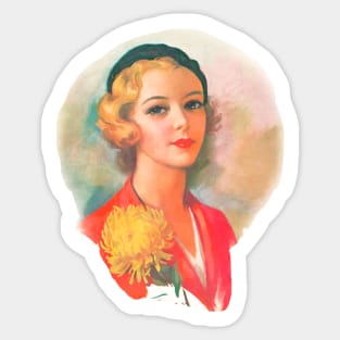 vintage drawing of chic blonde girl with beret Sticker